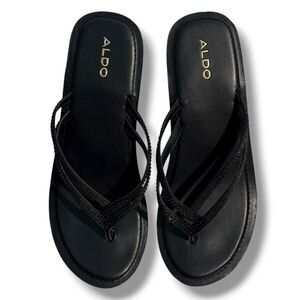 Aldo Women's Black Wedge Sandals Size 8 Rhinestone Flip Flop